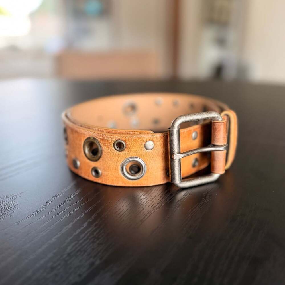 Brown Leather Belt with Grommets and Metal Buckle